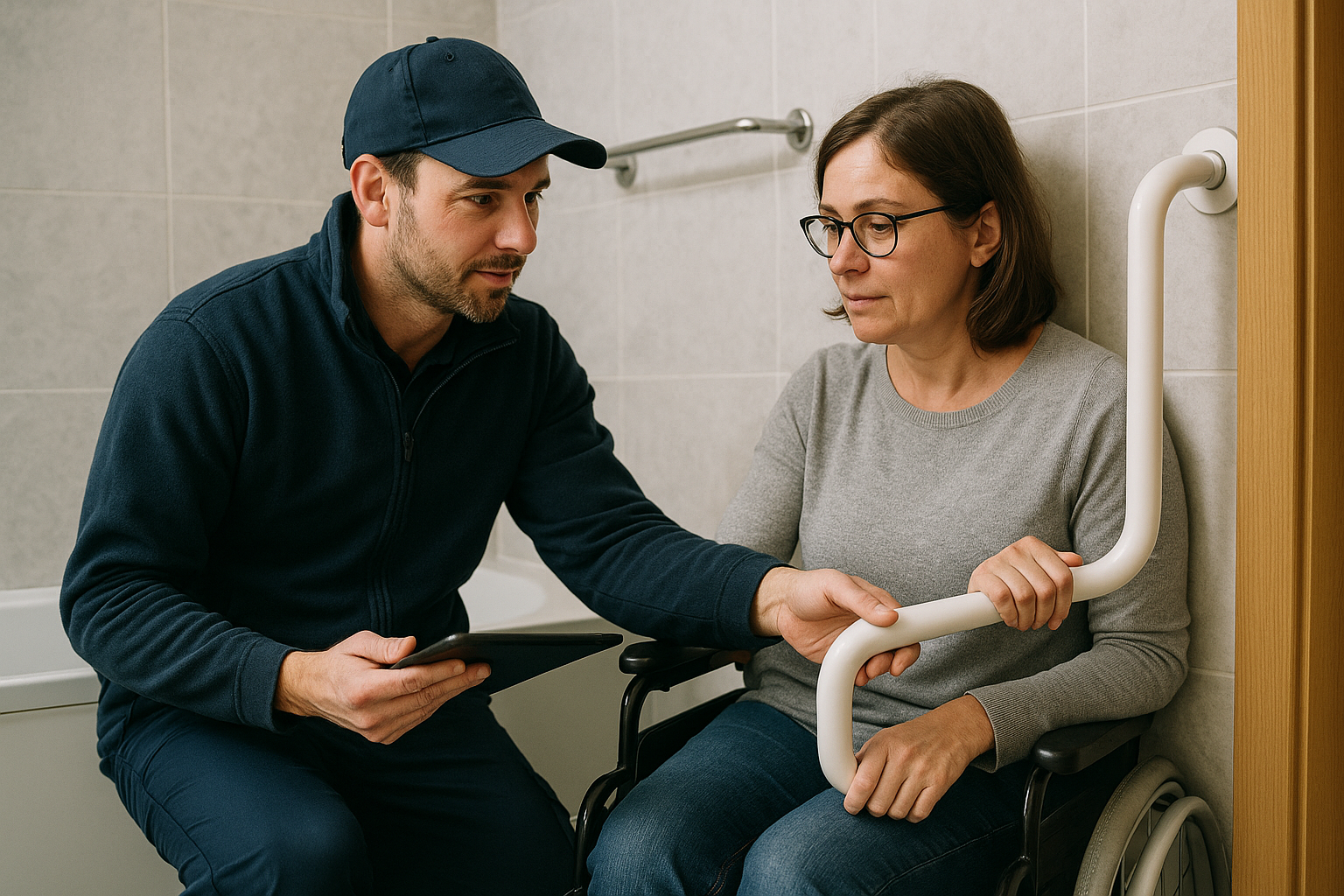 Engineer assisting a customer with accessible home adjustments