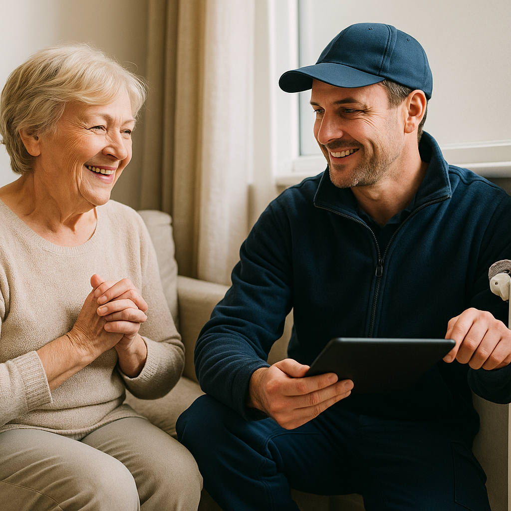 Smiling senior customer at home heating service